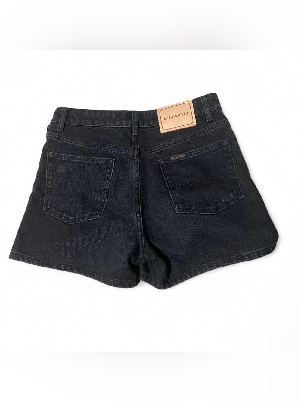 COACH Black Denim Women's High-Rise Shorts with Leather Patch